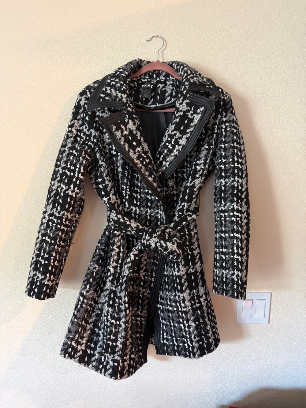 DKNY Black and White Tweed Belted Trench Coat
